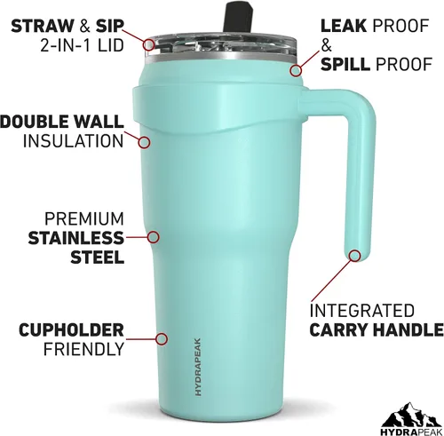 Miniatura 2 de Hydrapeak Roadster - Botella de agua de acero inoxidable de 40 onzas con aislamiento al vacío de doble pared con asa y tapa con popote 2 en 1