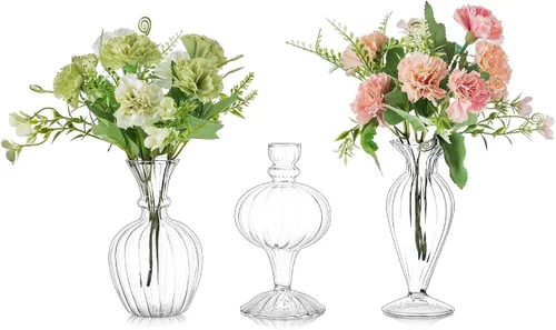 Glasseam Jarrones pequeños de cristal: juego de 3 jarrones transparentes acanalados para flores de rosas individuales, mini centros de mesa modernos