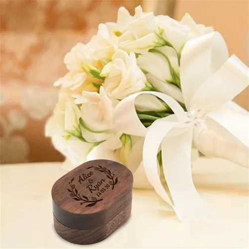 Miniatura 4 de Caja de anillo de boda personalizada para ceremonia, caja de anillo ovalada de madera, caja de soporte para anillos de boda para él y ella, caja