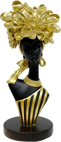 Miniatura 18 de Lescafita Escultura de mujer africana con tocado de flor dorada, figura de resina negra y dorada para decoración del hogar, elegante estatua de dama