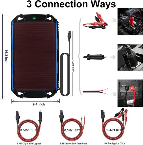 Miniatura 4 de SUNER POWER Cargador de batería solar impermeable de 5 W 12 V y mantenedor Pro, controlador de carga MPPT ultrainteligente integrado, kit de carga