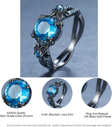 Miniatura 6 de Anillos góticos negros para mujer, topacio arcoíris místico con flor de amatista creada, anillo de compromiso gótico de oro negro, talla 6 a 11