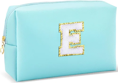 Miniatura 19 de URSKYTOUS Regalos para niñas, bolsa de maquillaje con inicial, bolsa de cosméticos personalizada con cremallera, bonita bolsa de aseo de viaje, Azul
