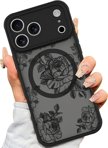 Miniatura 10 de AIGOMARA Funda para iPhone 13 Pro Max [compatible con MagSafe] Diseño de patrón floral de flores negras para mujeres y niñas, TPU suave, parte