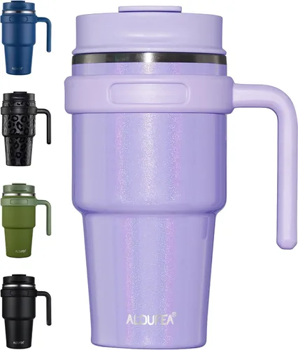 Miniatura 29 de Taza/vaso de café aislado de 20 onzas con asa, vaso de viaje de acero inoxidable con tapa y popote, vaso de doble pared con aislamiento al vacío a