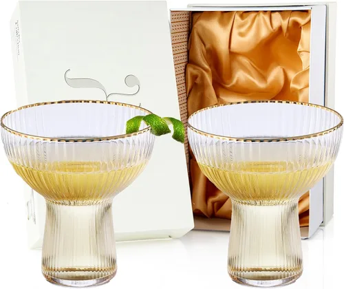 Miniatura 2 de Copas acanaladas de Margarita, Martini y Champagne con borde dorado – Juego de 2 – Copa de lujo soplada a mano – Fiesta grande, elegante diseño