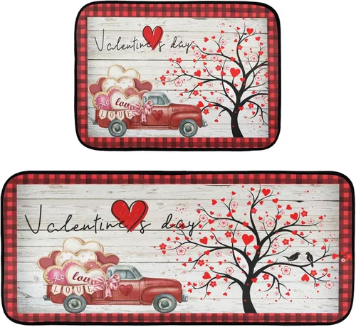 Juego de 2 alfombras y tapetes de cocina retro con diseño de camión rojo con diseño de árbol de corazón, diseño de búfalo rojo, antifatiga,
