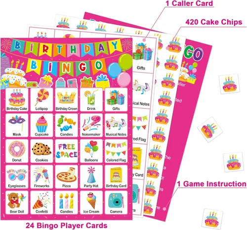 Miniatura 2 de Tarjetas de juego de bingo de cumpleaños para niños, niñas y adultos, 24 jugadores, fiesta de cumpleaños, juegos de bingo para escuela, aula, Rosa
