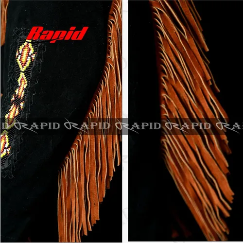Miniatura 4 de Chaqueta de piel vaquera occidental para hombre, con flecos, ante de hueso, abrigo de cuero nativo americano, color negro
