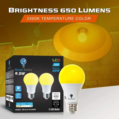 Miniatura 6 de BlueX - Paquete de 4 bombillas LED A19 color amarillo ámbar, sin luz azul, 650 lúmenes, base media E26 de 120 V, 9.5 W (reemplazo de 60 vatios)