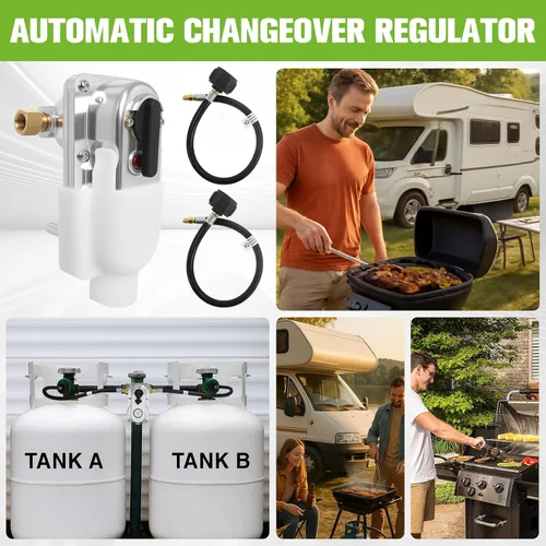 Miniatura 7 de Kit de regulador de tanque de propano dual RV, regulador de propano LP de cambio automático de 2 etapas con dos mangueras de coleta de 12 pulgadas