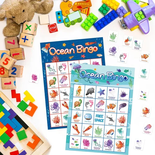 Miniatura 5 de Fancy Land Juego de bingo oceánico para 24 jugadores para niños, suministros de juegos de fiesta bajo el mar