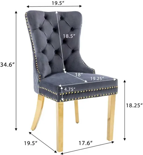 Miniatura 3 de KCC Juego de 4 sillas de comedor tapizadas de terciopelo, modernas sillas capitoné con botones con anillo de cabeza de león y patas de acero Gris