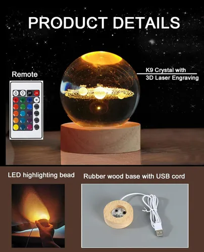 Miniatura 3 de Zabalar Luz nocturna de bola de cristal 3D con base de luz LED colorida, regalo del día de San Valentín, luces LED, lámpara de mesa que cambia