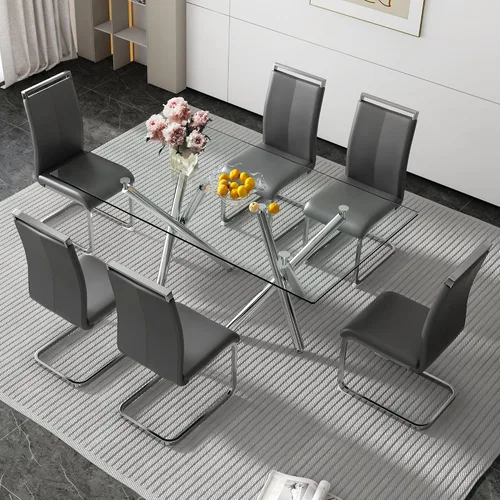 Miniatura 30 de Juego de 8 mesas de comedor de cristal, moderno juego de mesa de comedor de 71 pulgadas con 8 sillas de comedor tapizadas de piel sintética