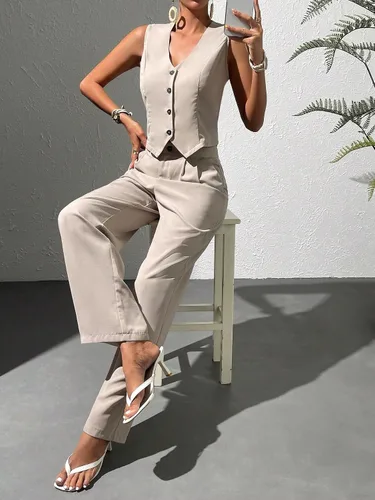 Miniatura 5 de WDIRARA Conjunto de 2 piezas para mujer, chaleco con botones frontales, sin mangas, cuello en V, chaqueta y pantalones