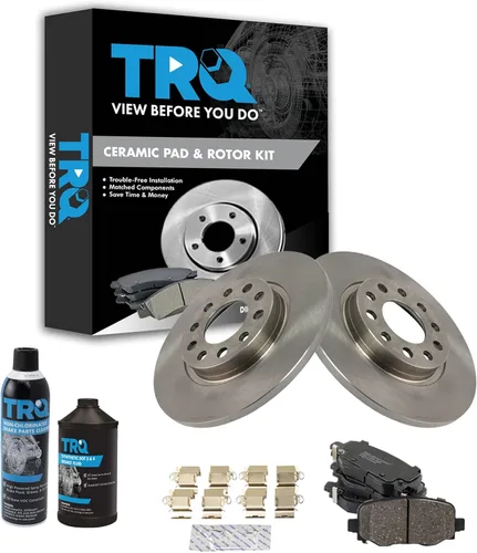 TRQ Kit de pastillas de freno trasero y rotor, kit químico de freno, pastillas de freno de cerámica compatible con Jeep Cherokee 2015-2017 2014-2021