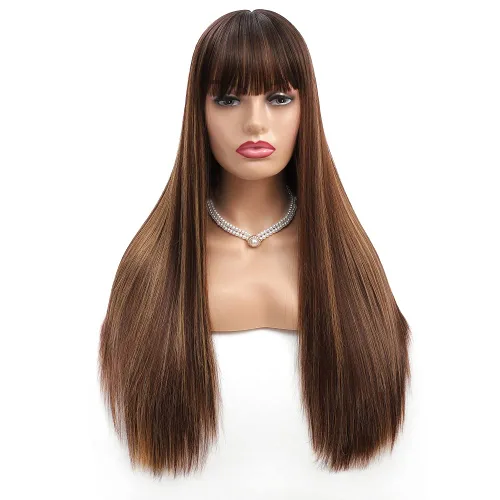 Miniatura 4 de Pelucas rubias con reflejos para mujer, peluca larga y lacia con flequillo, cabello Remy suave y sedoso, resistente al calor, pelucas de fibra