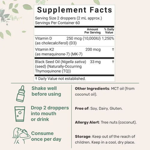 Miniatura 2 de Micro Ingredients Paquete de 2 gotas de vitamina D3 10000 iu + K2 (MK-7) de 200 mcg, 4 onzas líquidas Aceite de semilla negra y MCT Apoyo 4 en 1