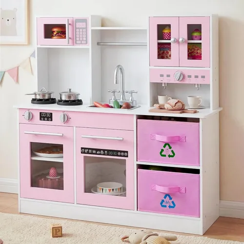 INFANS Juego de cocina para niños, cocina de madera con luces realistas, sonidos, cafetera, lavavajillas, microondas, horno, cajones de tela
