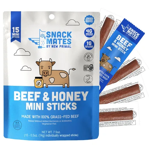 The New Primal Snack Mates - Palitos de carne de res y miel, snacks saludables para niños, bajos en azúcar y altos en proteínas para la vuelta a