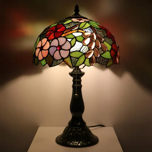 Miniatura 7 de Tiffany Lamp Stained Glass Table Lamps Amber Grape Style Desk Lamp 12X12X18.5 Inch Bronze Ceramic Base Reading Light Suitable for Bedside Bedroom