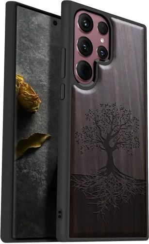Miniatura 14 de Carveit Funda de madera para Galaxy S22 [madera real dura y TPU suave] a prueba de golpes, funda protectora híbrida única y elegante, diseño