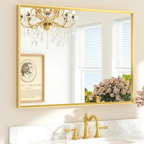 Miniatura 37 de TETOTE Espejo de Baño Dorado de 16" x 20" Latón Dorado Cepillado Rectangular con Marco Biselado Espejo de Tocador de Baño para Sobre el Lavabo
