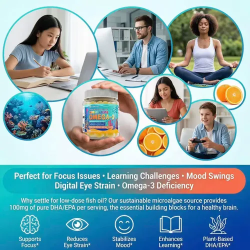 Miniatura 8 de Gomitas veganas omega-3 – 1000 mg de aceite de algas con 650 mg de DHA y 250 mg de EPA para adolescentes y adultos – Más vitamina D3, A, C, luteína
