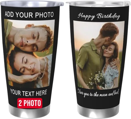Vaso personalizado con 2 fotos, nombre de texto, vaso de fotos personalizado de acero inoxidable, taza de viaje para café, taza de 20 onzas, regalo