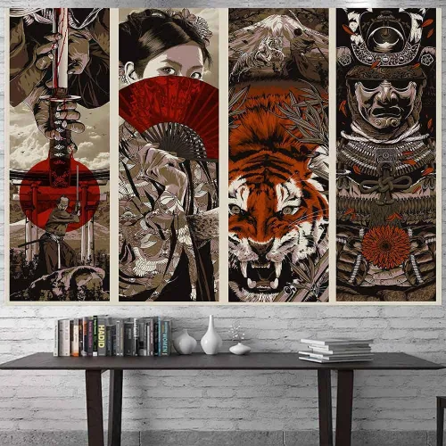 Miniatura 10 de Aidatain Tapiz de pared Samurai Maiko de estilo japonés para dormitorio, diseño de tigre y monte Fuji, manta de playa de franela de 40 x 30 pulgadas