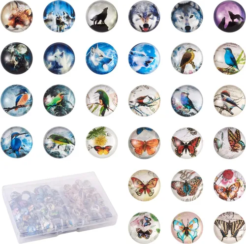 150 cabujones de cristal de animales de 0.47 pulgadas de 0.47 pulgadas, mitad redondos, pájaro, lobo, mariposa, cabujones de cúpula de vidrio,