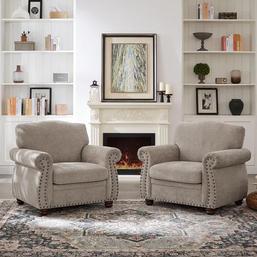 Miniatura 6 de ONBRILL Sillón con ribetes de tachuelas, silla decorativa con brazos curvos para sala de estar, cómoda silla de club de felpilla con cojines