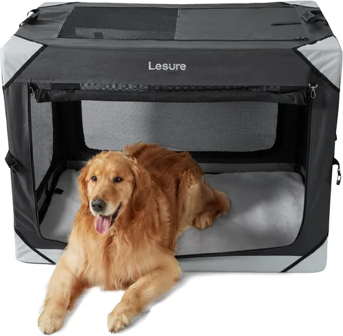 Miniatura 19 de Lesure Jaula Plegable para Perros - Perrera de Viaje Portátil para Perros Grandes, Jaula para Mascotas de 4 Puertas con Ventanas de Malla