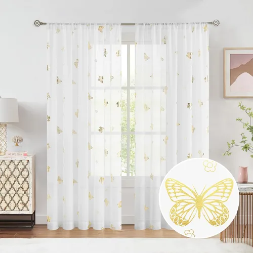 Miniatura 28 de Jubilantex Paneles de cortinas transparentes de mariposas negras y doradas de 52 pulgadas de ancho para dormitorio de niñas, elegantes cortinas