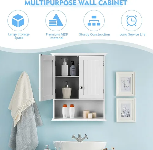 Miniatura 5 de HAPPYGRILL Gabinete de almacenamiento de baño montado en la pared Estante organizador de baño sobre el gabinete de almacenamiento del inodoro