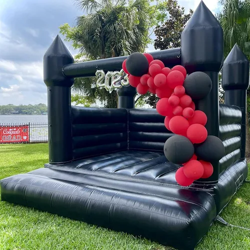 Casa inflable negra para decoración de Halloween al aire libre, fiesta, patio, boda, castillo inflable de PVC para niños con soplador (13 pies x