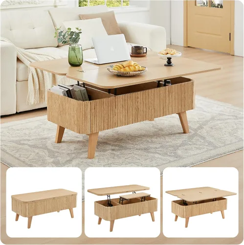 Miniatura 3 de Mesa de centro 3 en 1 con tapa elevable, mesas de centro convertibles acanaladas que se convierten en mesas de comedor, moderna mesa central