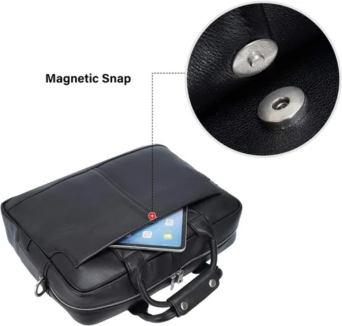 Miniatura 4 de Maletín de cuero genuino de grano completo para hombre de 16 pulgadas, bolsa de mensajero con cremalleras YKK (negro)
