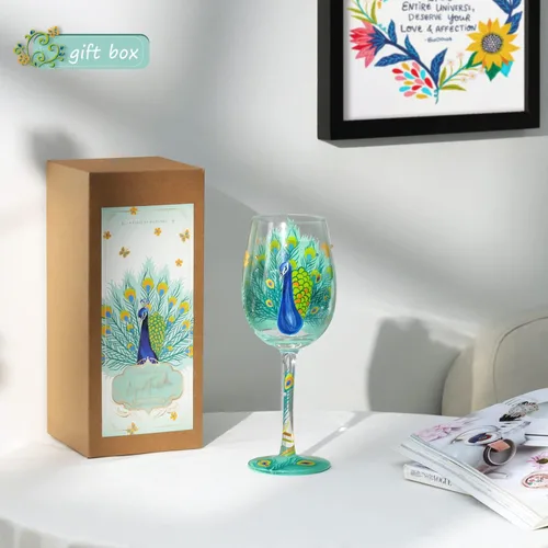 Miniatura 3 de NymphFable Copas de vino pintadas a mano con diseño de pavo real, 15 onzas, coloridas copas de vino personalizadas, regalo de cumpleaños para mujeres