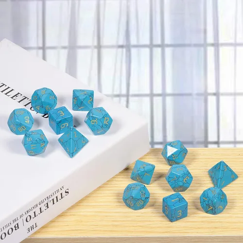 Miniatura 5 de rockcloud Juego de 7 dados poliédricos DND de howlita azul turquesa, dados hechos a mano con piedra de cristal curativo con caja de dados