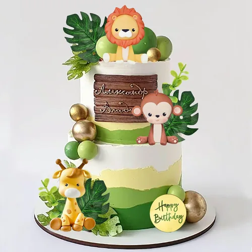 Decoración de pastel de animales de safari de selva con bolas de colores, hojas de palma, decoración de pasteles para suministros de cumpleaños