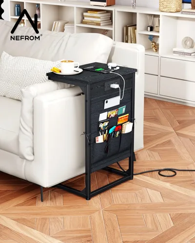 Miniatura 5 de Mesa auxiliar en forma de C con estación de carga rápida, mesa lateral pequeña para sofá con bolsa de almacenamiento, bandeja de TV para sofá
