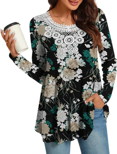 Miniatura 2 de CATHY Women Tunic Tops Long Sleeve Fall Casual Fashion Crochet Lace T-shirt Pleated Fit Blouses