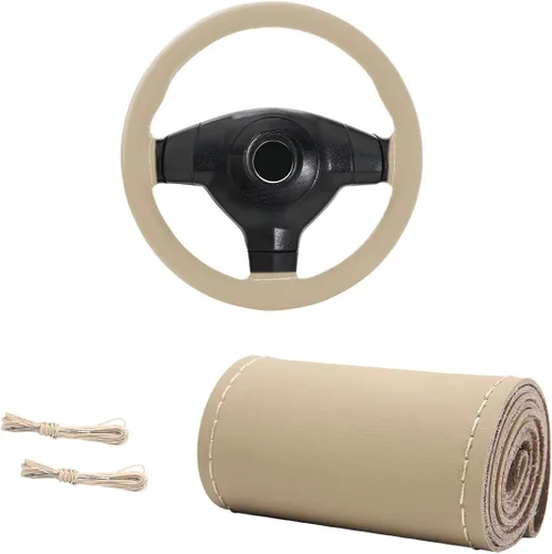 Miniatura 12 de Funda de Volante de Cuero Genuino, 15 Pulgadas, Transpirable, Funda de Volante Envolvente con Costura, Protector de Costura DIY Antideslizante