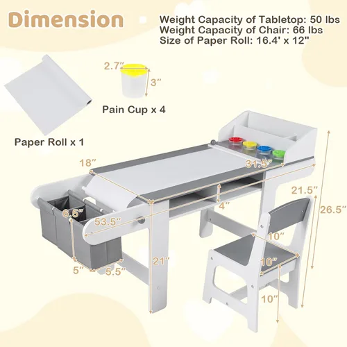 Miniatura 8 de Costzon Mesa y silla de arte para niños, mesa de madera para manualidades con rollo de papel y contenedores de tela para dibujar, leer, estudiar