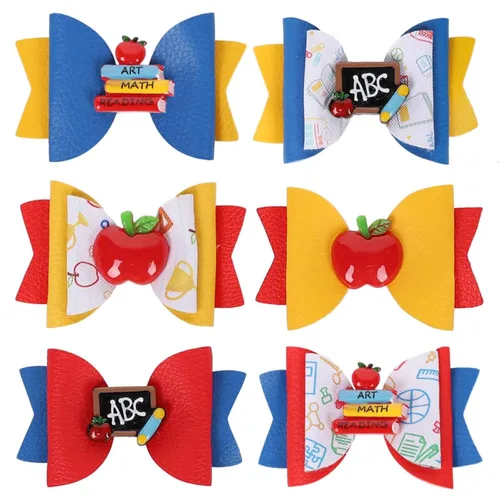 Whaline 6 pinzas para el pelo con lazo para el regreso a la escuela, libro de manzanas, pizarra, lazo para el pelo, pasador colorido de piel