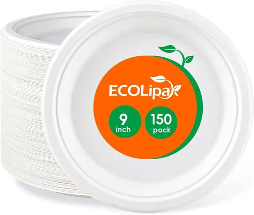 Miniatura 11 de ECOLipak Platos de papel resistentes 100% compostables de 10 pulgadas, paquete de 150 platos desechables biodegradables ecológicos de bagazo de caña