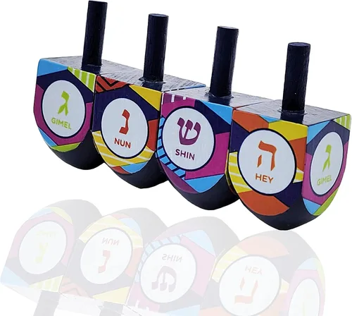 The Dreidel Company Paquete de 10 unidades multicolor pintadas a mano de madera, el juego de Hanukkah, Let's Play Dreidel de 1.75 pulgadas