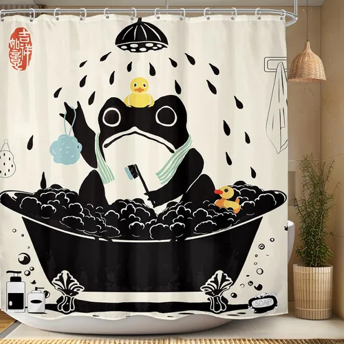 Miniatura 6 de Cortina de Ducha Divertida de Rana Juego de Baño 48 Pulgadas de Ancho x 71 Pulgadas de Alto Lindo Animal Retro Tomando Ducha Patito de Goma